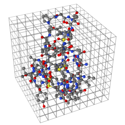 Illustration of a protein in a 3-D cube.